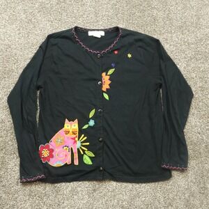 Arriviste Womens Cardigan M Black Long Sleeve Floral Cat Applique Beaded artwork